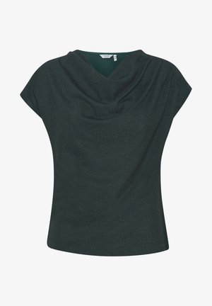 Top verde scuro con scollatura a drappeggio, maniche corte e vestibilità leggermente ampia. Il tessuto ha una leggera lucentezza e una texture liscia.