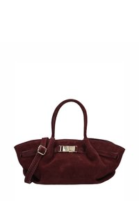 Bordeaux suède handtas met een gestructureerde vorm, dubbele handvatten en een verwijderbare schouderriem. Heeft een metallic accent aan de voorkant.