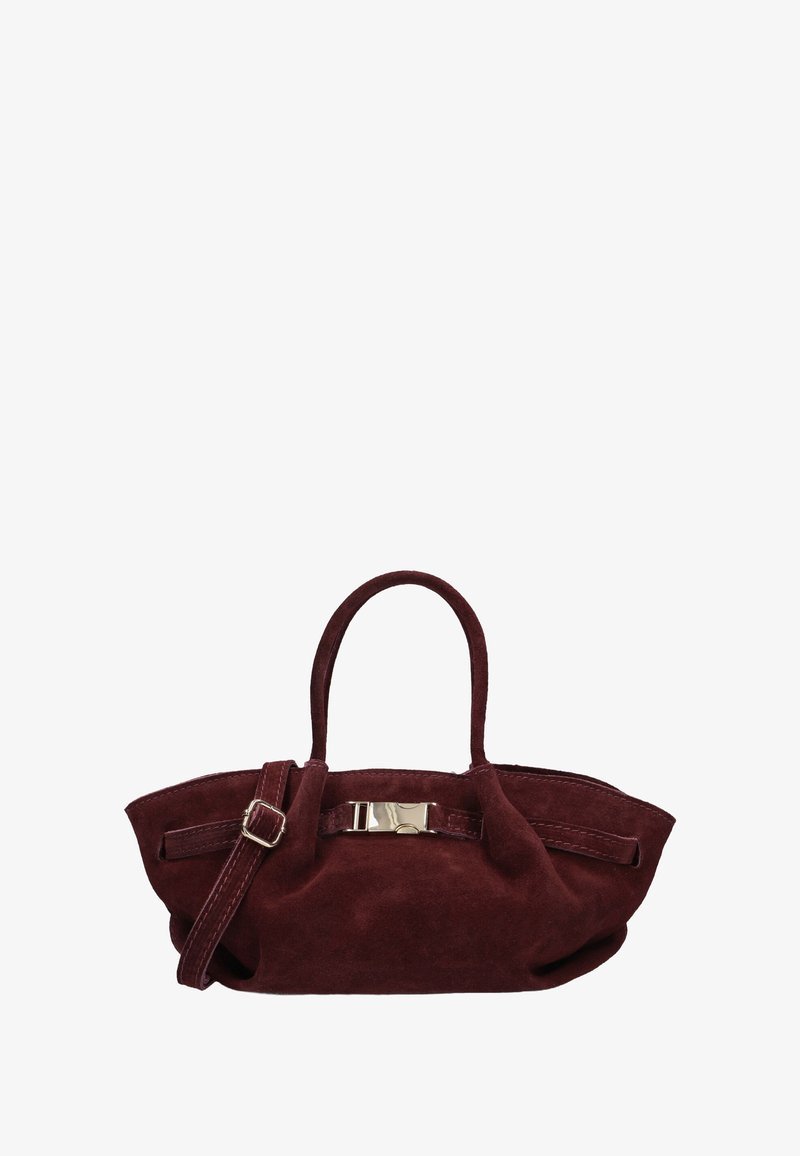 Bordeaux suède handtas met een gestructureerde vorm, dubbele handvatten en een verwijderbare schouderriem. Heeft een metallic accent aan de voorkant.