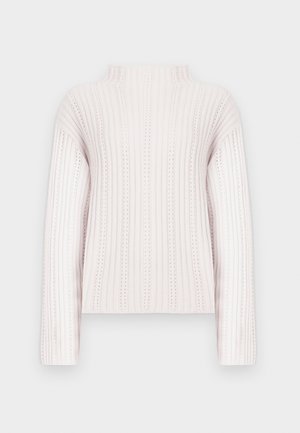 Svetlá ružová rebrová pletená mikina s dlhými rukávmi a vstavaným golierom, obsahujúca vertikálne textúrované pruhy.