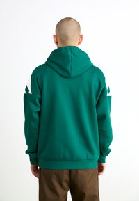 Manta verde com capuz, de corte descontraído, mangas caneladas e textura sólida. Apresenta detalhes brancos nos ombros. Vista traseira plana.
