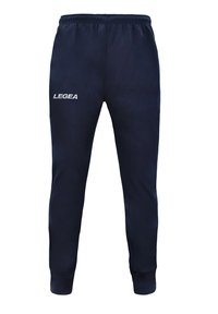 Marineblauwe sportbroeken met elastische tailleband en boorden. Bevat het 'LEGEA'-logo in het wit aan de linkerkant. Heeft een gladde textuur en een taps toelopend ontwerp.
