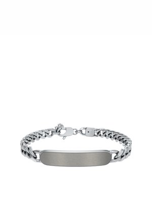 Silver stainless steel ID bracelet with a polished rectangular plate and thick curb chain links, secured by a lobster clasp.