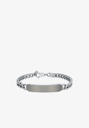 Silver stainless steel ID bracelet with a polished rectangular plate and thick curb chain links, secured by a lobster clasp.