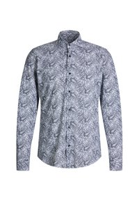 Camicia a maniche lunghe con motivo paisley blu e bianco, chiusura frontale con bottoni e colletto classico. Realizzata in tessuto leggero.