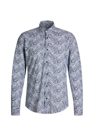 Koszula z długim rękawem w niebiesko-białym wzorze paisley, z zapięciem na guziki z przodu i klasycznym kołnierzykiem. Wykonana z lekkiego materiału.