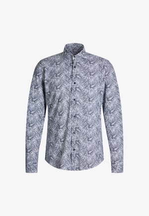 Koszula z długim rękawem w niebiesko-białym wzorze paisley, z zapięciem na guziki z przodu i klasycznym kołnierzykiem. Wykonana z lekkiego materiału.