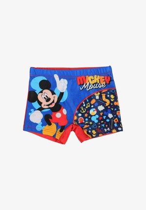Shorts de bain bleus et rouges avec un grand motif de Mickey Mouse, des motifs ludiques, une taille élastique et un tissu doux et léger.