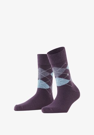 Calzini di cotone viola con un motivo a diamante in azzurro chiaro e grigio, dotati di una fascia a coste. Tessuto testurizzato e design della punta rinforzata.