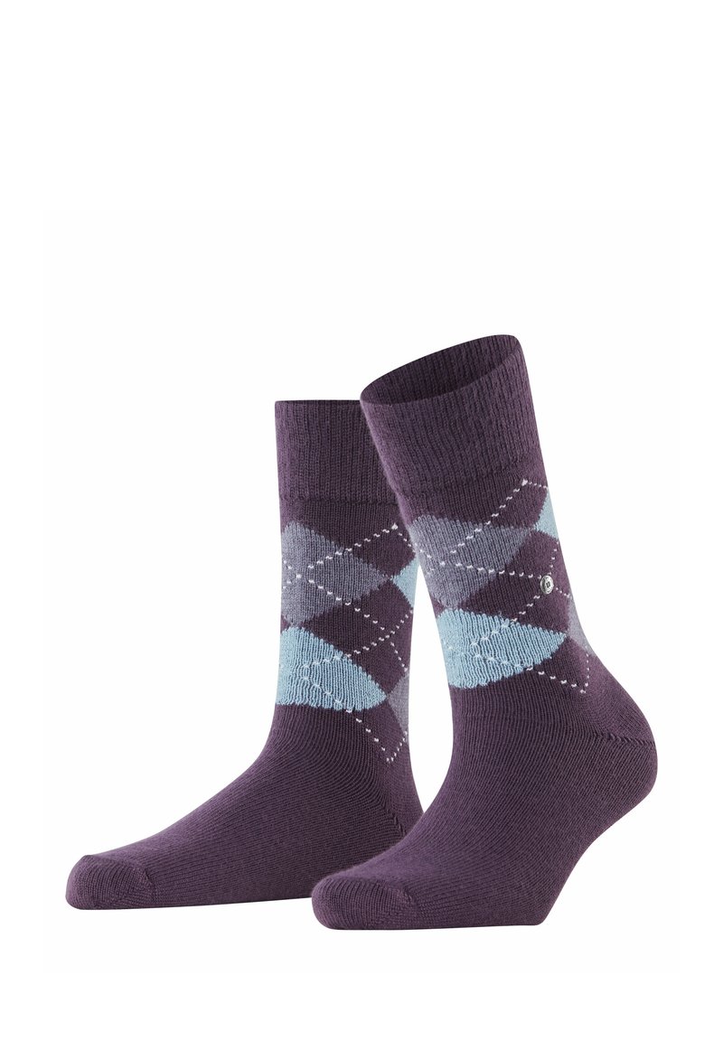 Fioletowe skarpetki bawełniane z diamentowym wzorem w jasnym niebieskim i szarym kolorze, z prążkowanym ściągaczem. Tkanina teksturowana i wzmocniony design palców.