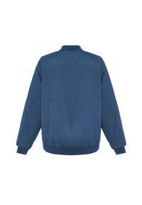 Marineblå bomberjakke med ribbet krave og manchetter, lavet af glat, letvægtsmateriale, med en afslappet pasform og ensfarvet design.