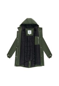 Olivengrøn vandtæt parka med lynlås og knaplukning, der har en sort isoleret foring, justerbar hætte og indvendige lommer.