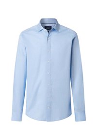 Lichtblauwe blouse met lange mouwen, gemaakt van een gladde stof en voorzien van kleine stippenpatronen, een knoopsluiting op de kraag en een knoopsluiting aan de voorkant.