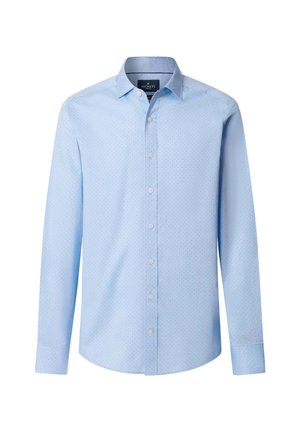 Hellblaues Langarmhemd aus glattem Stoff mit kleinen gepunkteten Mustern, einem Button-Down-Kragen und einer vorderen Knopfleiste.