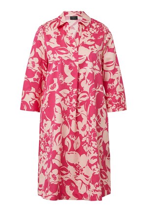 Floral dress in hot pink and cream, featuring a collar, three-quarter sleeves, and a relaxed fit. Fabric has a smooth texture.