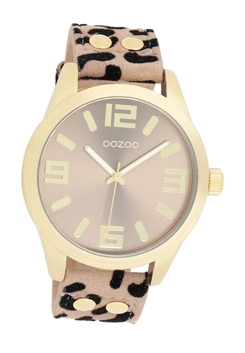 Gold-tone wristwatch with a beige animal print suede strap, a champagne-colored dial, and large, contrasting hour markers.