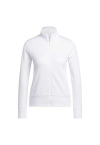 Casaco branco com fecho éclair, feito de material texturizado, com mangas longas, bolsos laterais e gola alta. Design minimalista sem padrões.