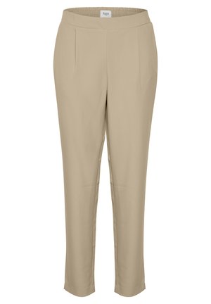 Beige kitsaste püksid elastse vöökohaga, esipleltsid ja sile kangas. Ankle-pikkus, minimalistlik disain, taskuteta.