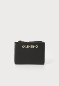 Black leather wallet featuring a zip closure and a gold logo on the front. Smooth texture with a rectangular shape and minimalist design.