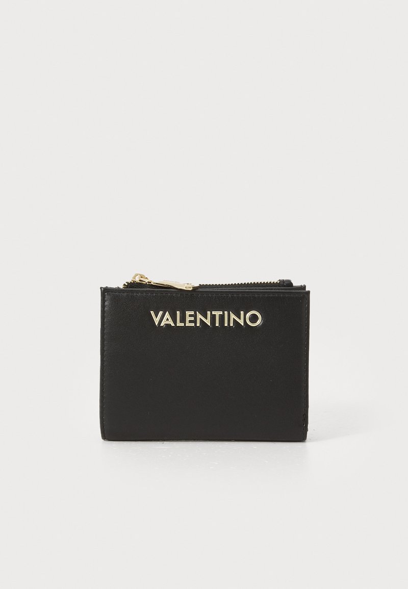 Black leather wallet featuring a zip closure and a gold logo on the front. Smooth texture with a rectangular shape and minimalist design.