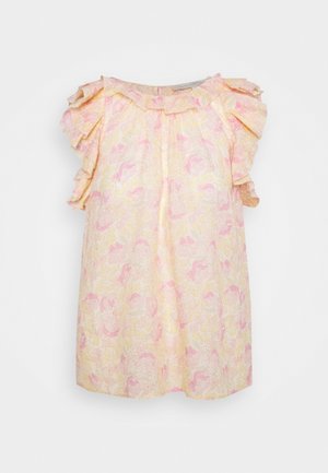 Blomstret bluse i lys gul med pink og creme accenter, med voluminøse ærmer og rund halsudskæring. Blødt, let stof.