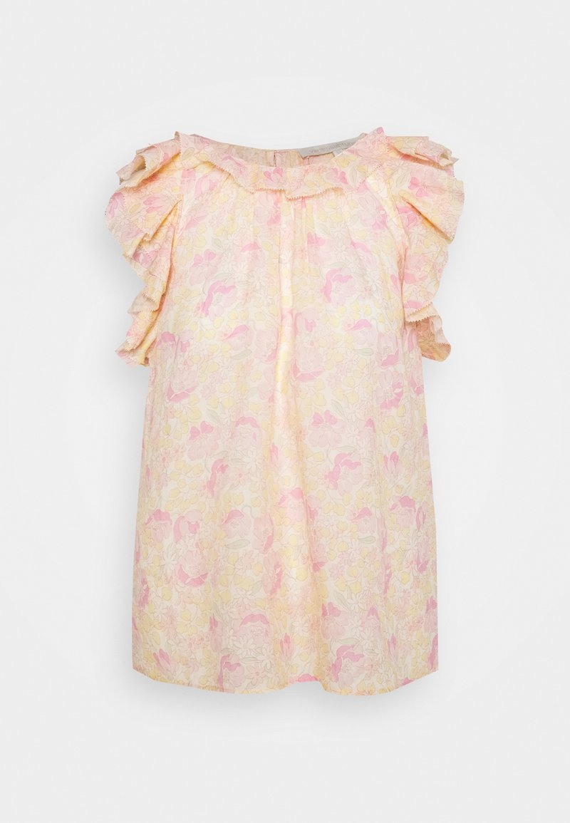 Blusa floreale in giallo chiaro con accenti rosa e crema, con maniche arricciate e scollatura rotonda. Tessuto morbido e leggero.
