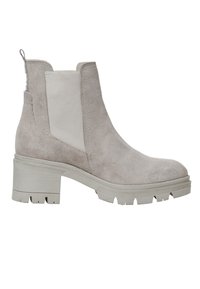 Bottine en daim gris clair avec panneaux latéraux élastiques, semelle texturée et talon bloc. Dotée d'une languette pour un enfilage facile.