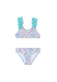Bikini a due pezzi con un motivo iridescente multicolore, dotato di un top con spalline arricciate in aqua e un bikini bottom abbinato.