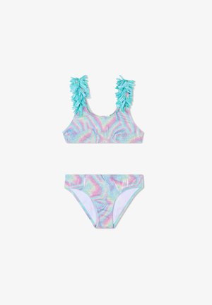 Bikini a due pezzi con un motivo iridescente multicolore, dotato di un top con spalline arricciate in aqua e un bikini bottom abbinato.