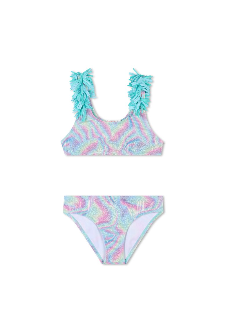 Bikini a due pezzi con un motivo iridescente multicolore, dotato di un top con spalline arricciate in aqua e un bikini bottom abbinato.