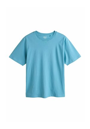 Einfaches hellblaues Baumwoll-T-Shirt mit kurzen Ärmeln und Rundhalsausschnitt, präsentiert auf weißem Hintergrund.