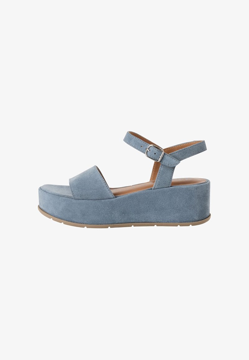 Light blue suede platform sandals with an ankle strap, featuring a square toe and a wide front band, set on a beige rubber sole.