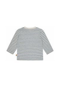 Camicia a maniche lunghe con un motivo a righe crema e navy, realizzata in morbido cotone, con scollatura rotonda e etichetta sul lato.