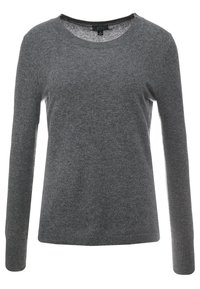 Jersey gris de manga larga hecho de un material suave y texturizado. Presenta un escote redondo y puños ajustados, con un acabado suave.