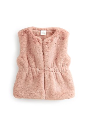 Veste sans manches en fausse fourrure rose pâle, taille élastiquée et encolure ronde, étiquetée NEXT, posée à plat sur un fond blanc.
