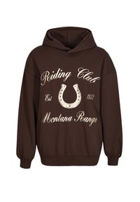 Bruine hoodie met capuchon, met crèmekleurige tekst "Riding Club Montana Range Est 1953" en een hoefijzer grafiek aan de voorkant.