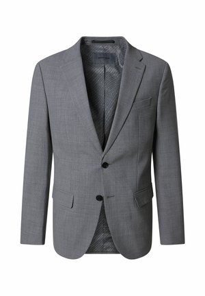 Blazer gris pour homme à deux boutons avec revers crantés, poches à rabat à l'avant, poche poitrine et doublure intérieure à motif.