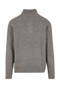 Pullover sweater in light grey, featuring a high neck, ribbed cuffs and hem, soft texture, and a loose fit, designed for comfort.