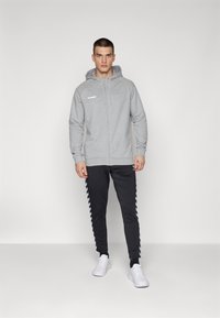 Grijze zip-up hoodie met een trekkoordcapuchon, gecombineerd met zwarte joggingbroeken met witte chevrons aan de zijkanten. Witte sneakers.