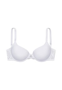 White padded bra with smooth cups, lace side panels, adjustable straps, and a decorative center detail. Textured lace accents on sides.