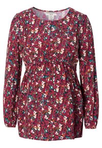 Blusa de maternidade com padrão floral em rosa sobre um fundo escuro. Manga longa, cintura franzida e tecido suave com decote redondo.