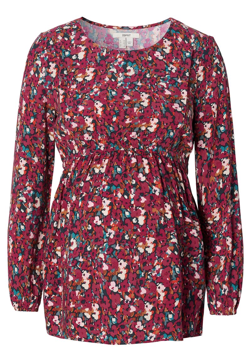 Blusa de maternidade com padrão floral em rosa sobre um fundo escuro. Manga longa, cintura franzida e tecido suave com decote redondo.