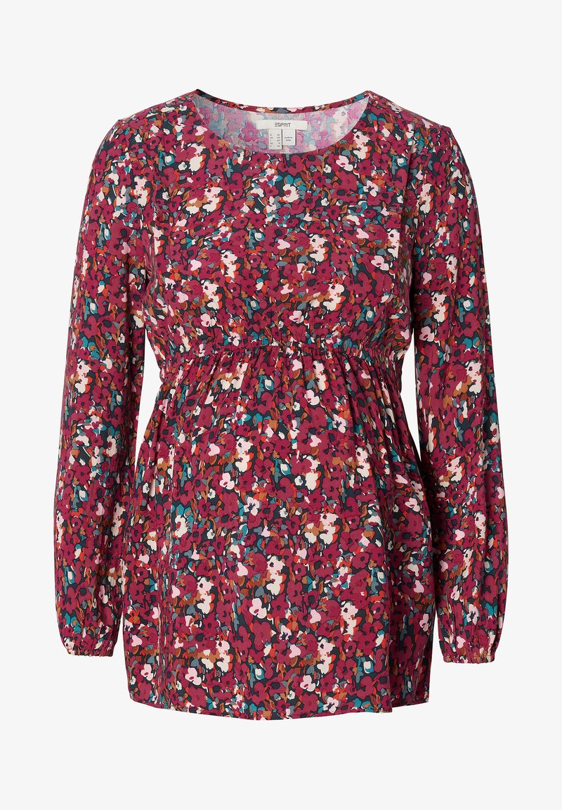 Blusa de maternidade com padrão floral em rosa sobre um fundo escuro. Manga longa, cintura franzida e tecido suave com decote redondo.