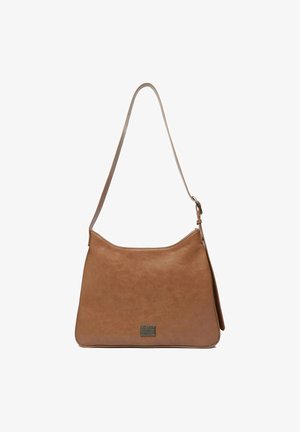 Braune Leder-Umhängetasche mit rechteckiger Form, verstellbarem Riemen und einer kleinen Metall-Markenplakette, die nahe dem unteren Rand zentriert ist.