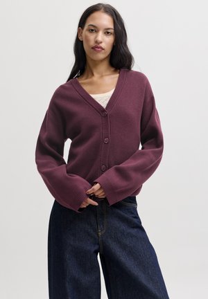 Vrouw met lang donker haar die een dichtgeknoopte pruimkleurige cardigan draagt over een licht gebreide top en donkerblauwe spijkerbroek tegen een effen lichte achtergrond.