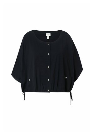 Top corto nero con scollatura tonda e maniche corte a campana, con bottoni frontali, orlo con cordoncino e due tasche laterali.