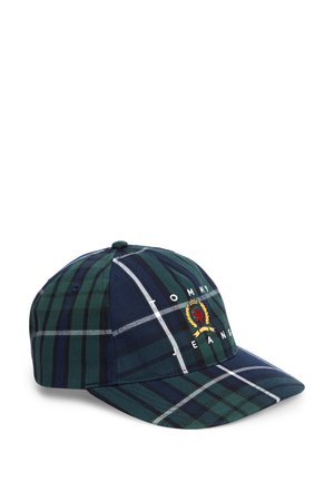 Gorra de béisbol con patrón de cuadros verde y azul marino, escudo bordado y el texto "Tommy Jeans" en el panel frontal.