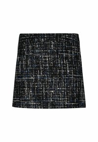 Mini-jupe en tweed noir et bleu avec un tissage texturé, présentant une coupe ajustée et des fils discrets réfléchissant la lumière sur toute la surface.