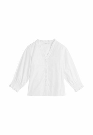 Witte blouse met een V-hals, geplooide randen en knopen aan de voorkant. Heeft lange, licht verzamelde mouwen en een losse pasvorm. Zachte katoenen stof.