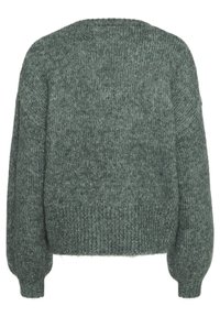 Grüner, gestrickter Pullover mit weicher Textur, Rundhalsausschnitt und Ballonärmel. Kurze Länge mit Rippenstruktur an Saum und Bündchen.